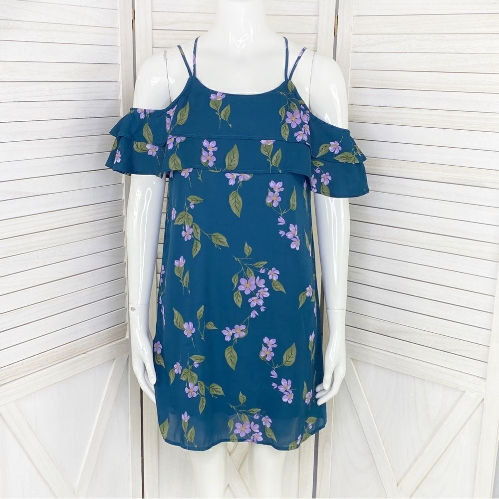 Mi Ami Francesca’s Floral Cold Shoulder Tiered Ruffle Shift Dress Teal XS